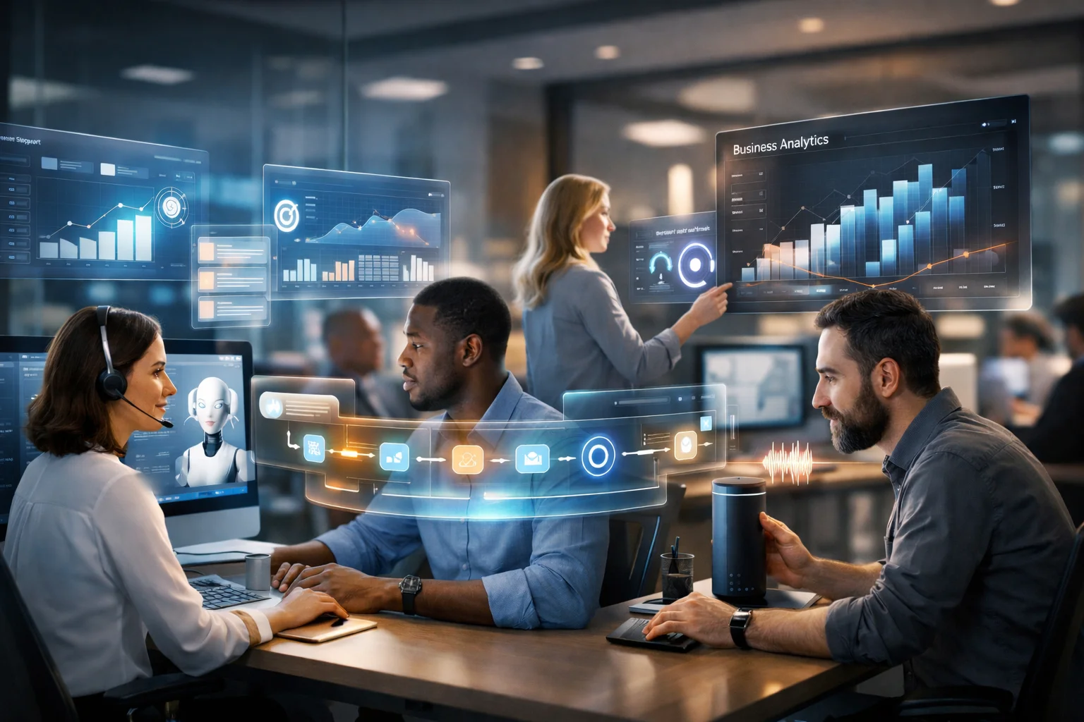 A modern office team reviewing automation workflows, dashboards, and connected business systems